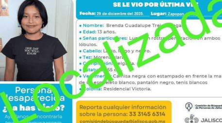 Se trata de Brenda Guadalupe, de 13 años. Su localización se logró gracias a un operativo de búsqueda. CORTESÍA