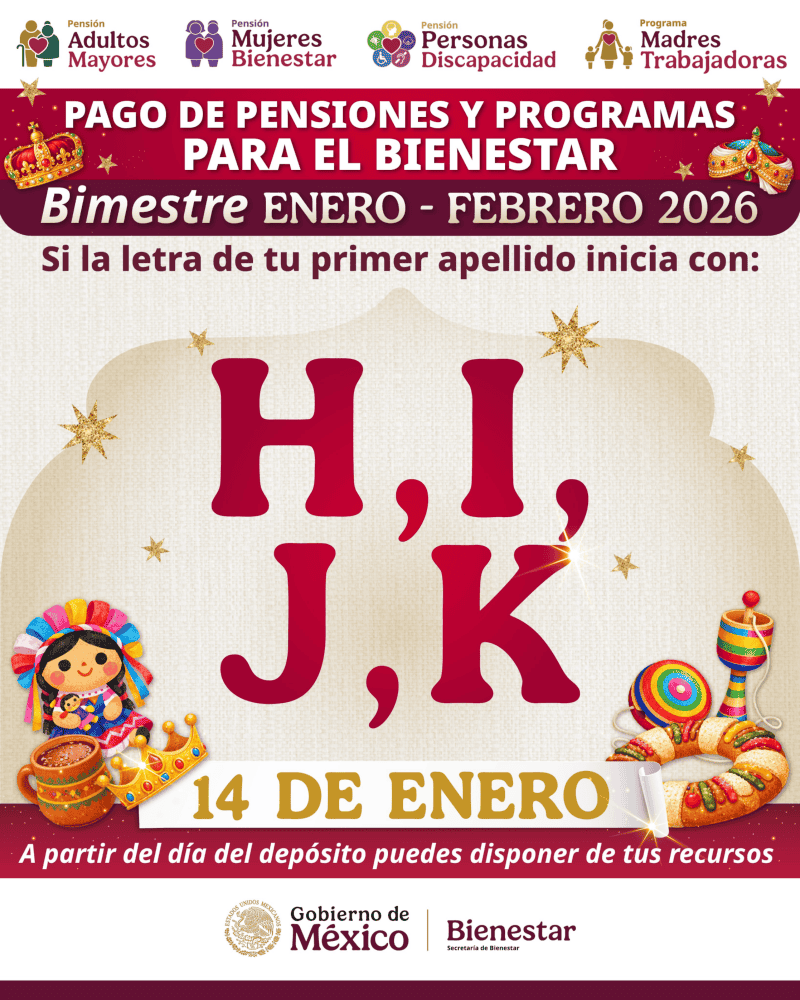 &nbsp;El miércoles 14 de enero el turno es de las personas que tienen un apellido paterno que comienza con alguna de las siguientes letras: H, I, J y K. ESPECIAL
