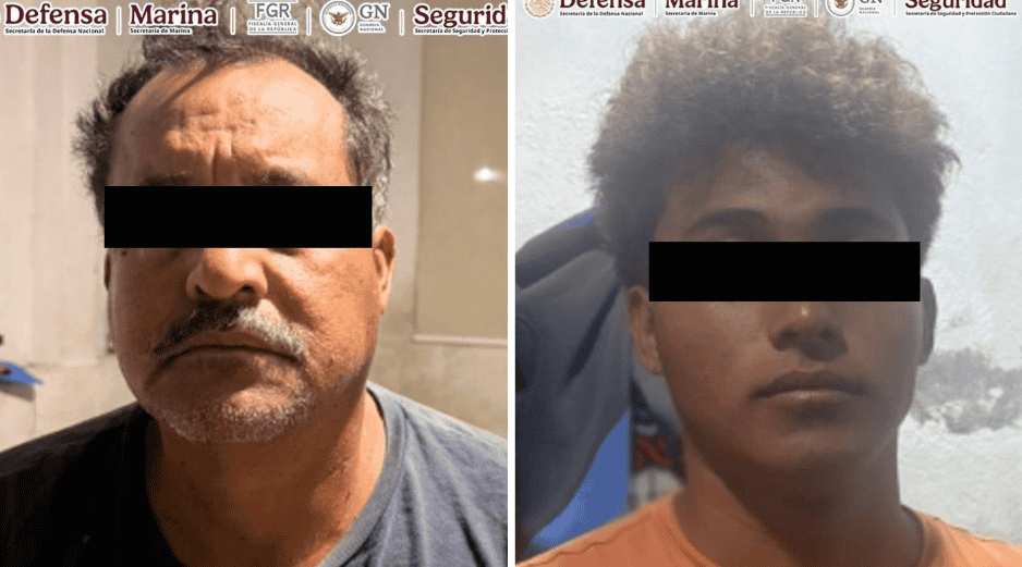 Los detenidos fueron identificados como Víctor Manuel 'N', de 59 años, conocido como 'el Profe' y Leonardo 'N', de 20 años, ambos señalados como integrantes de 'Los Rusos'. ESPECIAL/X/ @GabSeguridadMX