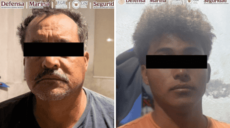 Los detenidos fueron identificados como Víctor Manuel 'N', de 59 años, conocido como 'el Profe' y Leonardo 'N', de 20 años, ambos señalados como integrantes de 'Los Rusos'. ESPECIAL/X/ @GabSeguridadMX
