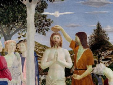 «El que me envió a bautizar con agua me dijo: "Aquel sobre quien veas que baja y se posa el Espíritu Santo, ése es el que ha de bautizar con el Espíritu Santo’. Pues bien, yo lo vi y doy testimonio de que éste es el Hijo de Dios"». WIKIPEDIA/ «Bautismo de Jesús», de Piero della Francesca