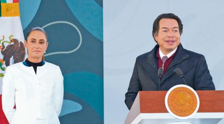 La presidenta Claudia Sheibaum y Mario Delgado, secretario de Educación Pública, durante el anuncio de la Beca Gertrudis Bocanegra. ESPECIAL