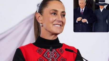 Imagen que combina a la Presidenta Claudia Sheinbaum, el mandatario estadounidense Donald Trump y su esposa, Melania. ESPECIAL / EFE