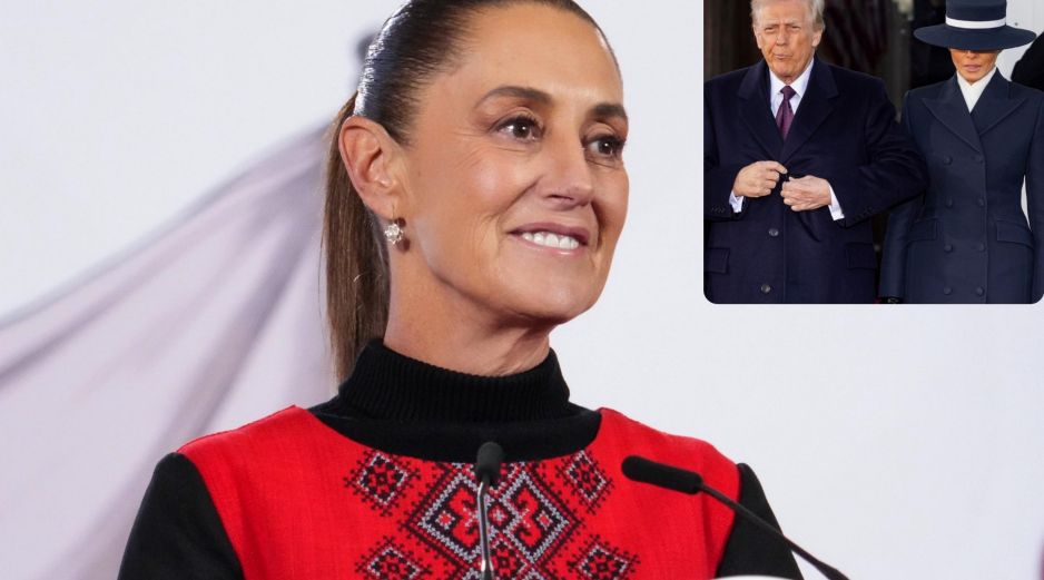 Imagen que combina a la Presidenta Claudia Sheinbaum, el mandatario esadounidense Donald Trump, y a su esposa Melania. ESPECIAL / EFE