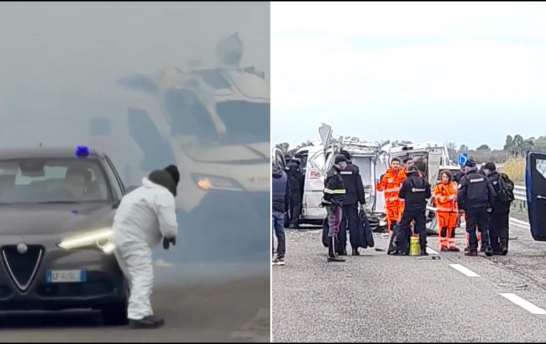 Las imágenes del lugar muestran vehículos en llamas, el vehículo blindado completamente destruido y una gran columna de humo. EFE / RECURSOS DEL FURGÓN ASALTADO EN LA CARRETERA ESTATAL QUE CONECTA LAS CIUDADES DE LECCE CON BRINDISI EN ITALIA.