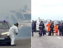 Las imágenes del lugar muestran vehículos en llamas, el vehículo blindado completamente destruido y una gran columna de humo. EFE / RECURSOS DEL FURGÓN ASALTADO EN LA CARRETERA ESTATAL QUE CONECTA LAS CIUDADES DE LECCE CON BRINDISI EN ITALIA.