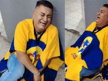 En las imágenes, compartidas masivamente en redes sociales, se observa al seguidor azulcrema caer al suelo tras el silbatazo final. ESPECIAL.