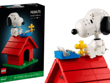 Con un total de 964 piezas, el modelo permite construir la icónica caseta roja con elementos interactivos. Incluye una figura articulada de Snoopy en distintas posiciones y la figura de Woodstock.