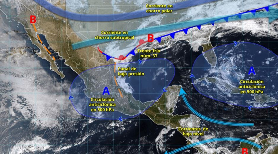 El frente frío 37 provocará precipitaciones fuertes, heladas en zonas altas, rachas intensas de viento y oleaje elevado en diversas regiones del país, informó el Servicio Meteorológico Nacional. ESPECIAL/ SMN.