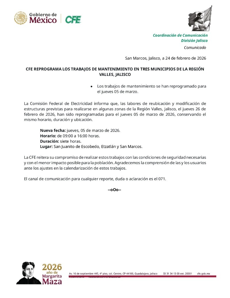 &nbsp;La suspensión del suministro eléctrico se llevará a cabo el jueves 5 de marzo, en un horario de 9:00 a 16:00 horas. ESPECIAL&nbsp;