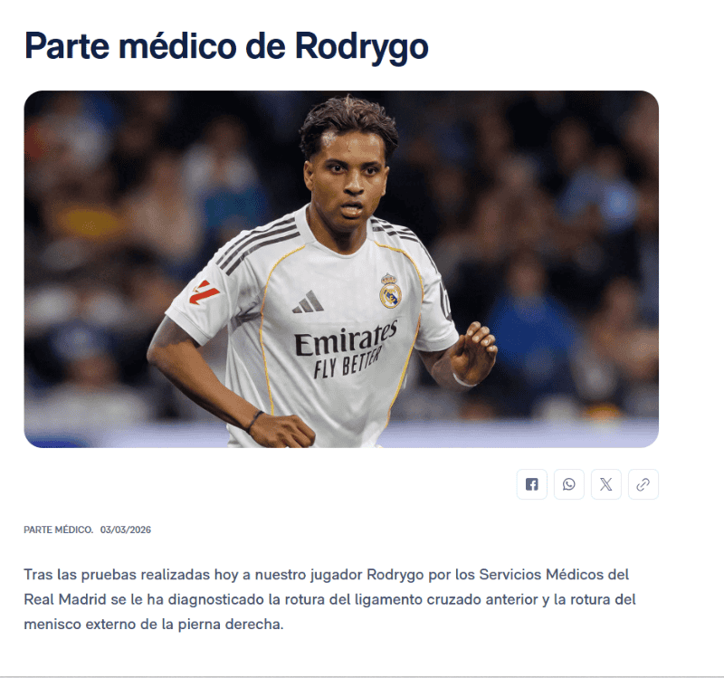 Anuncio del Real Madrid desde su página oficial, donde se comparte la situación médica del brasileño. X / @realmadrid&nbsp;&nbsp;