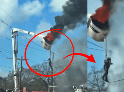 La canastilla del camión elevador se incendió repentinamente mientras el hombre laboraba. X/@LASHYBILLS