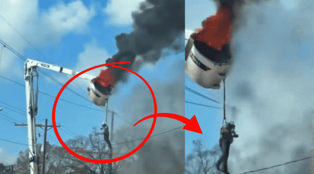 La canastilla del camión elevador se incendió repentinamente mientras el hombre laboraba. X/@LASHYBILLS