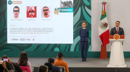 Claudia Sheinbaum y Omar García Harfuch, en la conferencia matutina en Guadalajara. EL INFORMADOR / A. Navarro