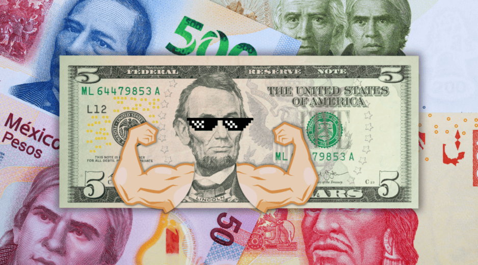 El peso cerró la semana cotizando 17.8 pesos por dólar, con el tipo de cambio tocando un mínimo de 17.22 y un máximo de 17.91 pesos por dólar, cifra no vista desde el pasado 13 de enero. ESPECIAL / CANVA