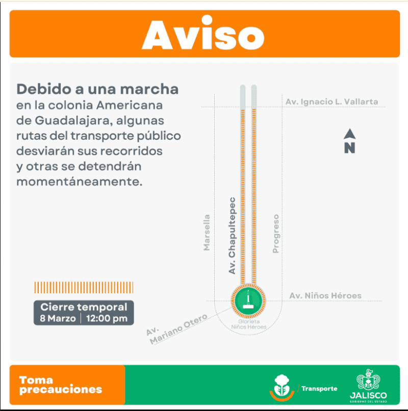 &nbsp;Anuncio de Setran sobre modificaciones en trayectos del transporte público en el marco del 8M. X / @TransporteJal