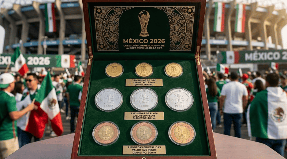 El Diario Oficial de la Federación dio a conocer los detalles y características de tres monedas conmemorativas para La Copa del Mundo de la FIFA; esta es una imagen. IA ilustrativa. IA
