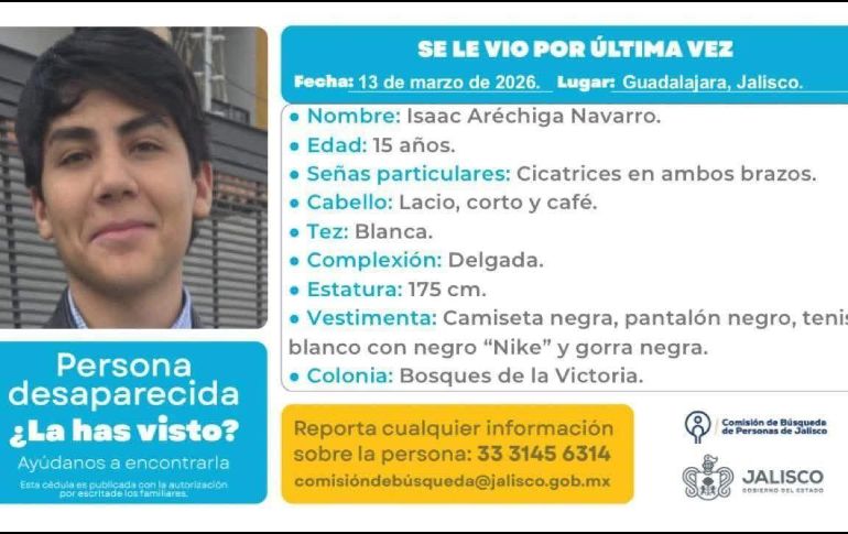 La ficha de búsqueda detalla que Isaac mide aproximadamente 1.75 metros, es de tez blanca, complexión delgada, tiene cabello lacio, corto y color café. CORTESÍA