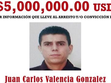 El Departamento de Estado de los Estados Unidos ofrece una recompensa de hasta 5 millones de dólares por información que conduzca al arresto o detención de Juan Carlos González Valencia. ESPECIAL
