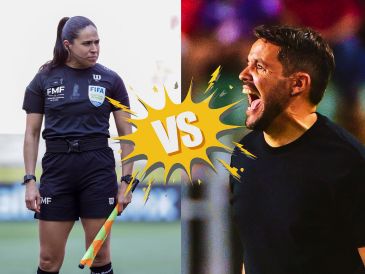 "Ah, ¿no saludas?", le grita Larcamón a la asistente arbitral, que retrocede unos pasos para alejarse del estratega celeste. Imago7 / ARCHIVO / X / @medranoazteca