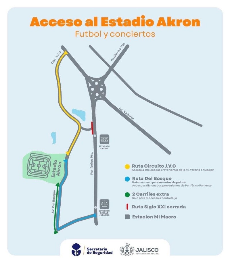 &nbsp;Mapa de los cierres viales alrededor del Estadio AKRON. ESPECIAL / Secretaría de Seguridad