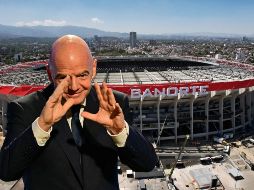 Gianni Infantino, presidente de la FIFA, y al fondo una imagen del remodelado Estadio Banorte (Azteca). ESPECIAL, AFP / ARCHIVO y AFP / L. Cortés