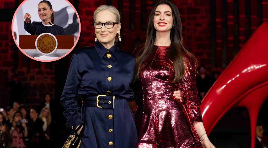 Meryl Streep y Anne Hathaway posan ante los medios tras una pasarela en el Museo Anahuacalli de la Ciudad de México. SUN/H. Salvador