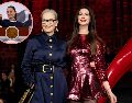 Meryl Streep y Anne Hathaway posan ante los medios tras una pasarela en el Museo Anahuacalli de la Ciudad de México. SUN/H. Salvador
