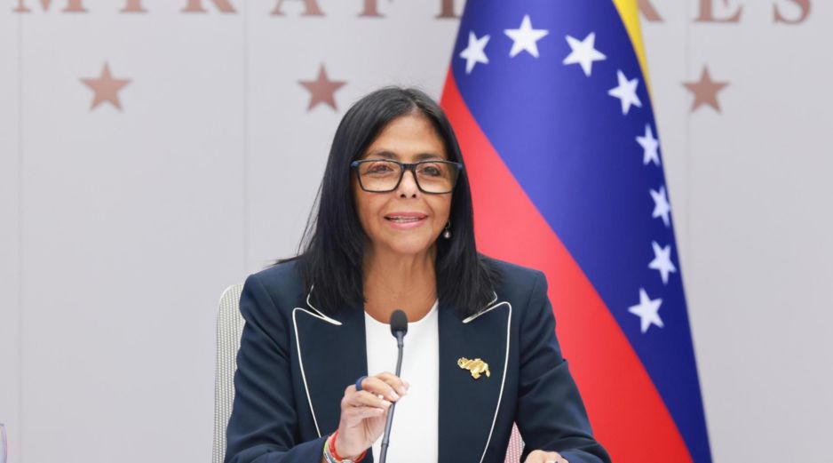 La presidenta encargada de Venezuela, Delcy Rodríguez, habla durante una videoconferencia en el foro FII Priority, en Miami. EFE/Palacio de Miraflores