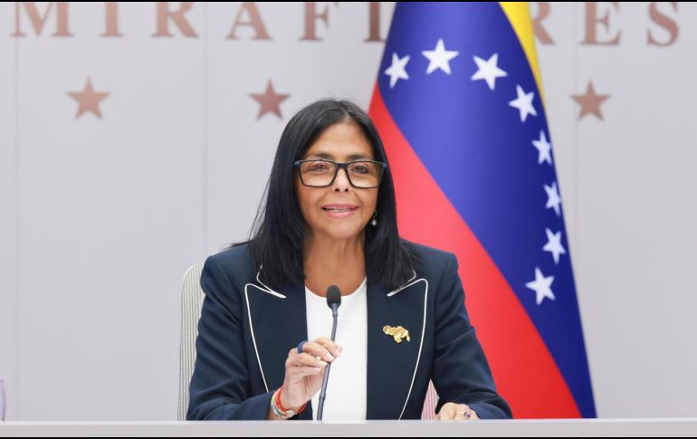 La presidenta encargada de Venezuela, Delcy Rodríguez, habla durante una videoconferencia en el foro FII Priority, en Miami. EFE/Palacio de Miraflores