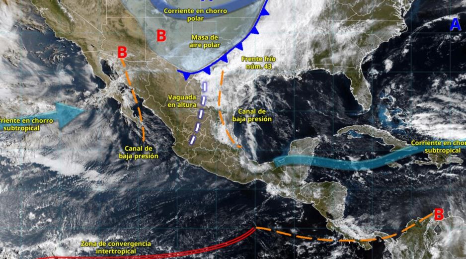 El frente frío número 43, en combinación con una masa de aire polar, una vaguada en altura y condiciones de inestabilidad atmosférica, generará un escenario de tiempo severo en amplias regiones del país durante los próximos días. ESPECIAL/ SMN.