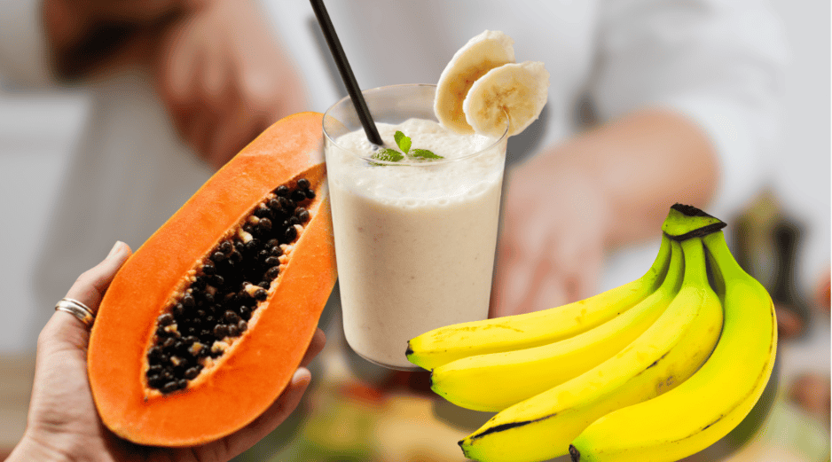 Los beneficios del licuado de plátano con papaya  radican en su alta concentración de vitaminas, minerales y fibra. ESPECIAL/Canva