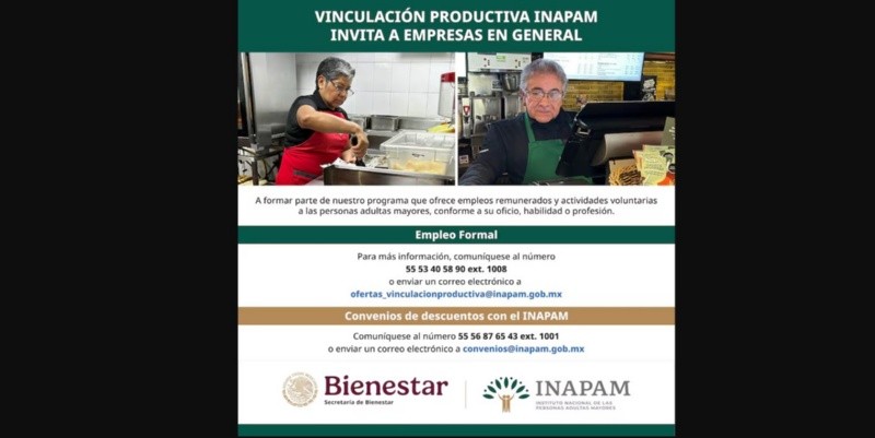 Las empresas pueden participar en este programa del INAPAM para insertar a adultos mayores al mercado laboral. ESPECIAL/Bienestar