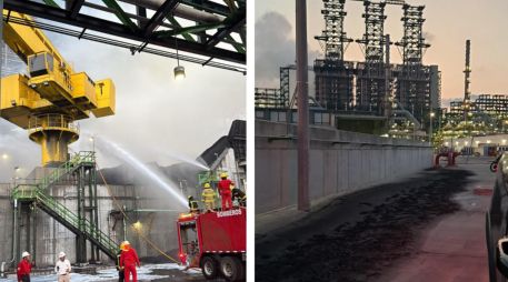 Bomberos combaten el incendio sucedido ayer en la refinería Olmeca. EFE/ Petróleos Mexicanos