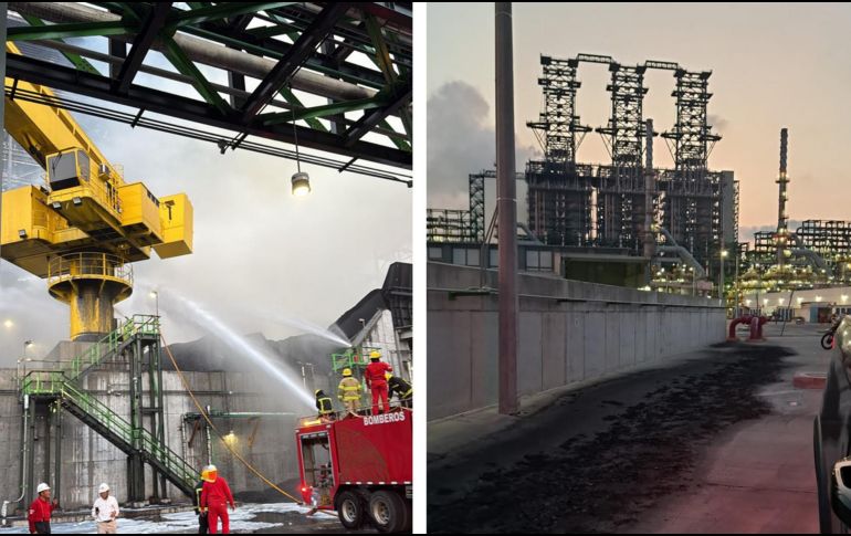 Bomberos combaten el incendio sucedido ayer en la refinería Olmeca. EFE/ Petróleos Mexicanos