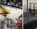 Bomberos combaten el incendio sucedido ayer en la refinería Olmeca. EFE/ Petróleos Mexicanos
