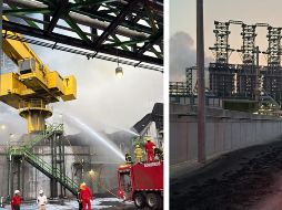 Bomberos combaten el incendio sucedido ayer en la refinería Olmeca. EFE/ Petróleos Mexicanos