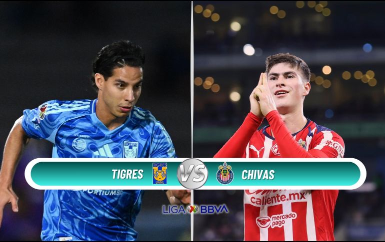 Chivas buscará mantener su dominio en la cima de la clasificación al visitar a unos Tigres necesitados de puntos en el Volcán. ESPECIAL / IMAGO7 y CANVA