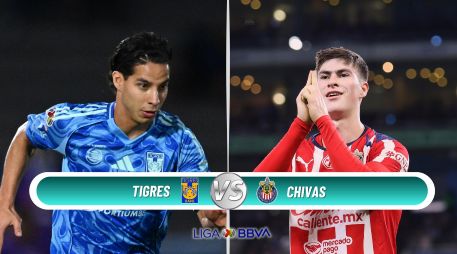 Chivas buscará mantener su dominio en la cima de la clasificación al visitar a unos Tigres necesitados de puntos en el Volcán. ESPECIAL / IMAGO7 y CANVA