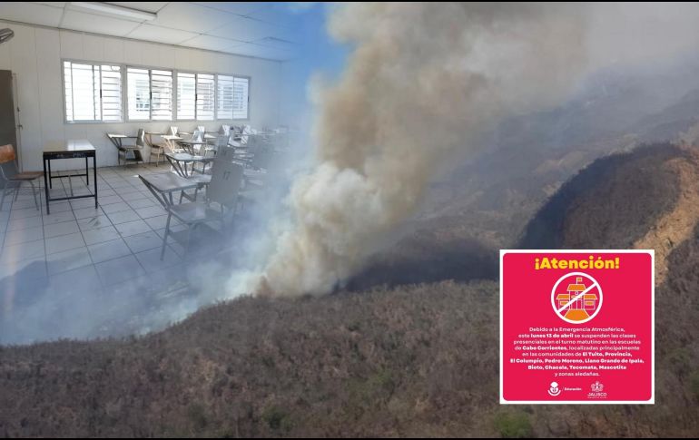 Suspenden clases en Cabo Corrientes por mala calidad del aire derivada de incendio forestal. ESPECIAL / PC Jalisco, EL INFORMADOR y SEJ