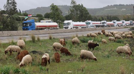 Camiones cisterna de petróleo raqi haciendo fila a lo largo de la carretera entre Tartus y Latakia, Siria. EFE/M. Alrifai