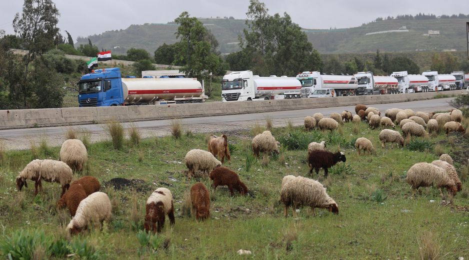 Camiones cisterna de petróleo raqi haciendo fila a lo largo de la carretera entre Tartus y Latakia, Siria. EFE/M. Alrifai