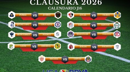 La Jornada 16 del Clausura 2026 se disputa entre semana con duelos imperdibles en la parte media de la tabla. ESPECIAL / CANVA
