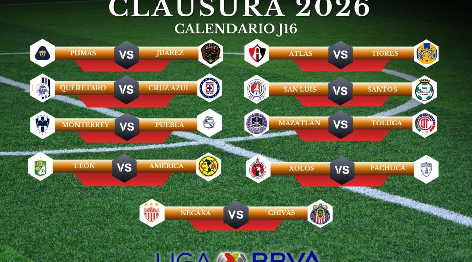 La Jornada 16 del Clausura 2026 se disputa entre semana con duelos imperdibles en la parte media de la tabla. ESPECIAL / CANVA