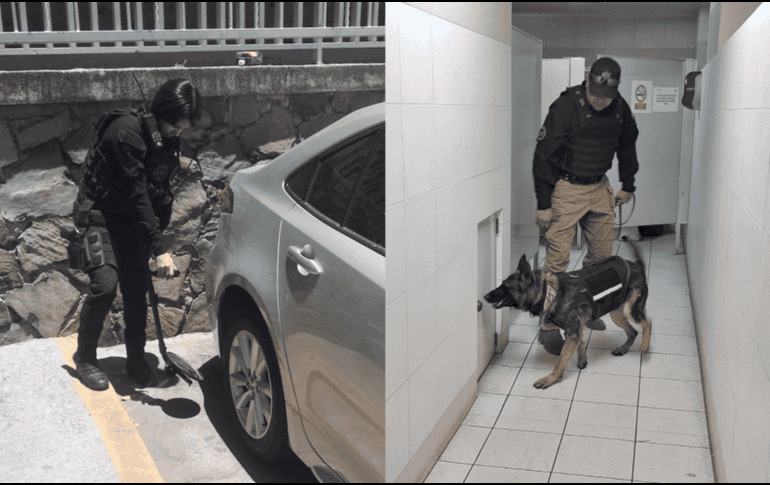 Personal del grupo antiexplosivos Tedax de la Secretaría de Seguridad del Estado acudió con binomios caninos para realizar la inspección del edificio. ESPECIAL