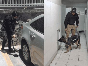 Personal del grupo antiexplosivos Tedax de la Secretaría de Seguridad del Estado acudió con binomios caninos para realizar la inspección del edificio. ESPECIAL