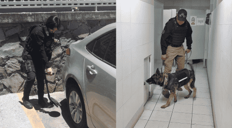 Personal del grupo antiexplosivos Tedax de la Secretaría de Seguridad del Estado acudió con binomios caninos para realizar la inspección del edificio. ESPECIAL