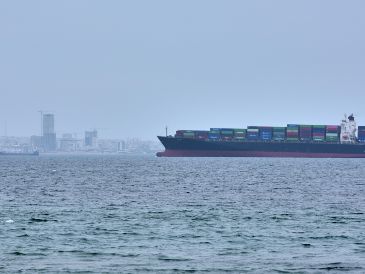 Un portacontenedores visto en el estrecho de Ormuz frente a la costa de la isla Qeshm, Irán, el 18 de abril de 2026. AP/A. Besharati