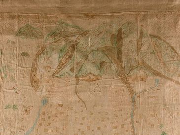 Detalle del Lienzo de San Sebastián, un mapa de trascendental importancia histórica que fusiona la cartografía indígena y europea del siglo XVI. CORTESÍA