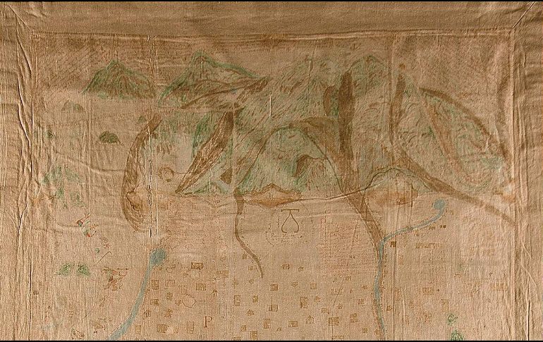 Detalle del Lienzo de San Sebastián, un mapa de trascendental importancia histórica que fusiona la cartografía indígena y europea del siglo XVI. CORTESÍA